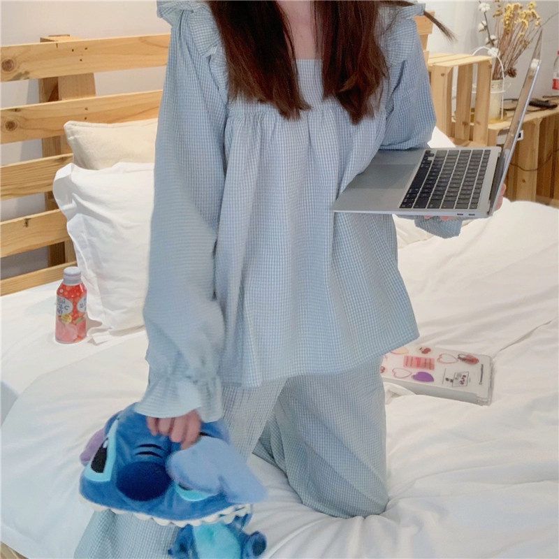 YAMI Bộ Đồ Ngủ Tay Dài Phối Bèo Họa Tiết Caro Dễ Thương Thời Trang Thu Đông Cho Nữ