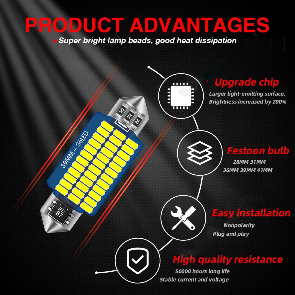 Đèn led t10 w5w 31mm 36mm 39mm 41mm Ánh Sáng Trắng Dành Cho Ô Tô