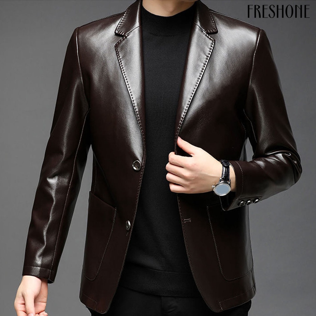 Áo Khoác Da Giả Cổ Bẻ Cài Nút Có Túi Phong Cách Xuân Thu Cho Nam Doanh Nhân Ngoài Trời