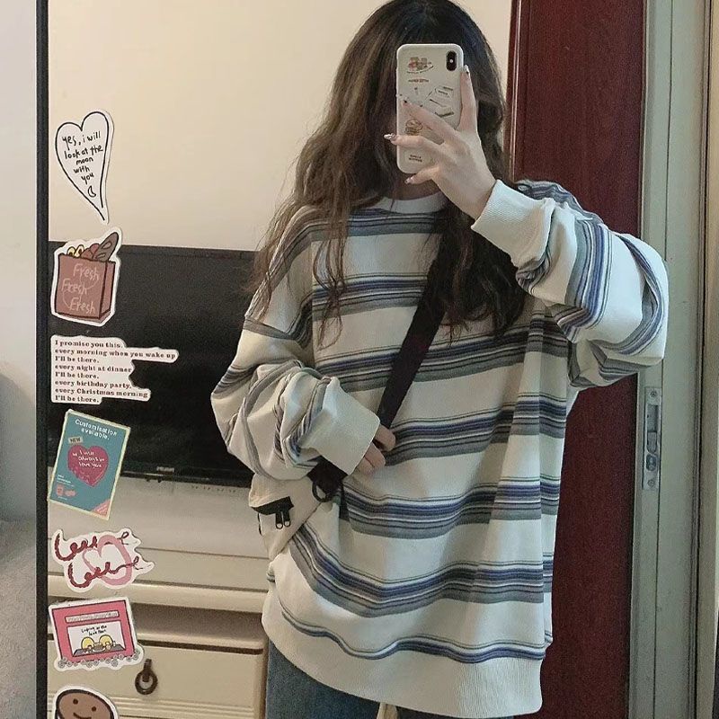 Cozok Áo Sweatshirt Kẻ Sọc Tay Dài oversize Phong Cách retro Thời Trang