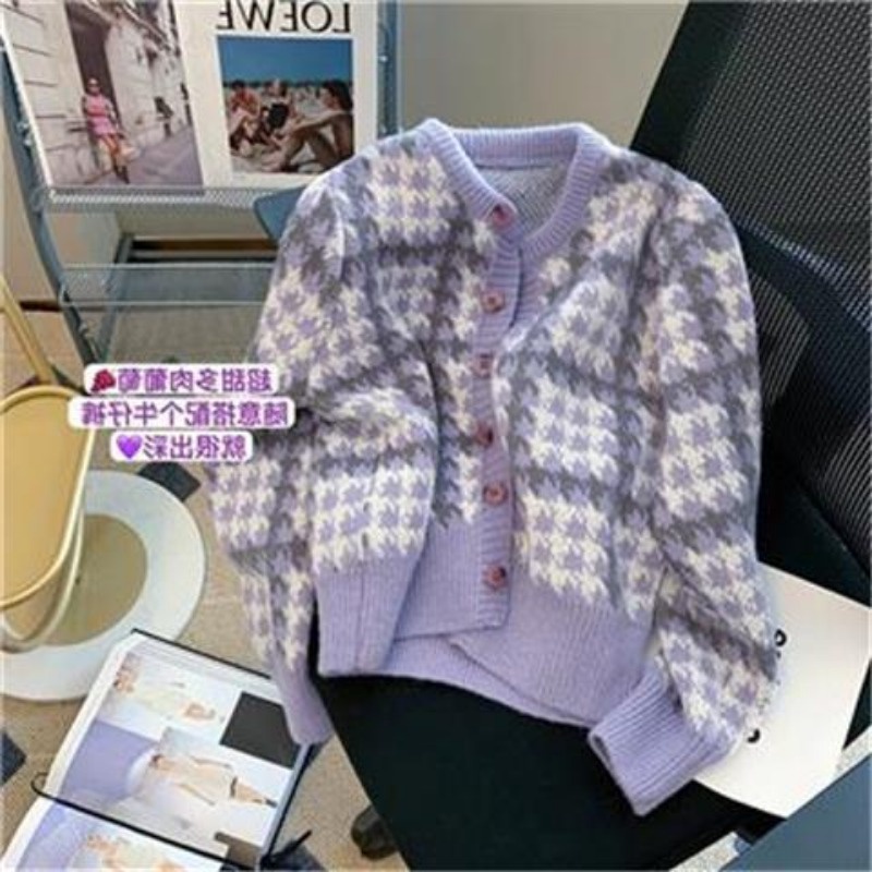 Áo Khoác cardigan Dệt Kim Họa Tiết houndstooth Màu Tím Xinh Xắn Cho Nữ