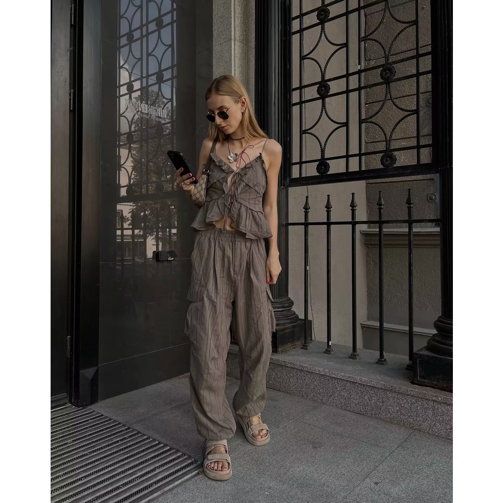 Zara Bộ Áo Lót Nhiều Lớp + Quần Yếm Lưng Cao Thời Trang Mùa Thu Cá Tính7896607 7770607