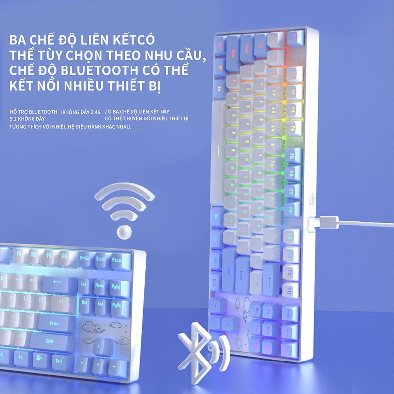 Bàn Phím Cơ Gaming Không Dây 2.4G/Bluetooth BASIC KB13 87 Phím Màu Tím/xanh/hồng,có đèn RGB，3 Chế độ Kết Nối