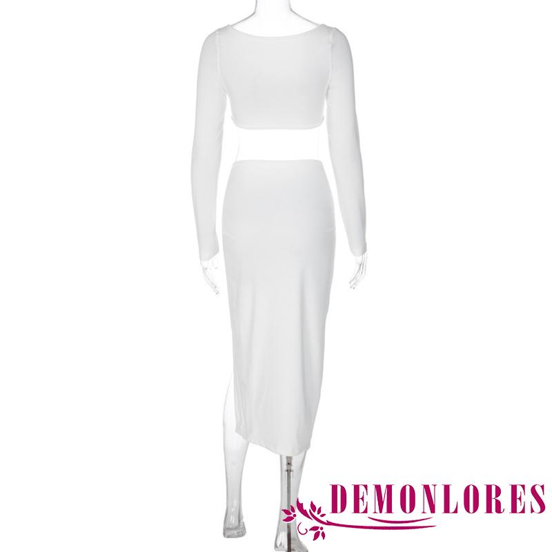 Set Áo Croptop Tay Dài + Chân Váy Dài Xẻ Tà Thời Trang Cho Nữ y2k