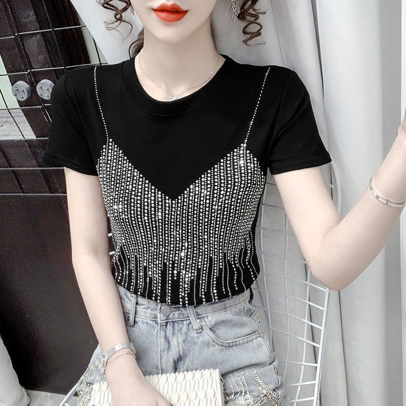 Áo Thun Ngắn Tay Đính Đá Thời Trang Mùa Hè Cho Nữ