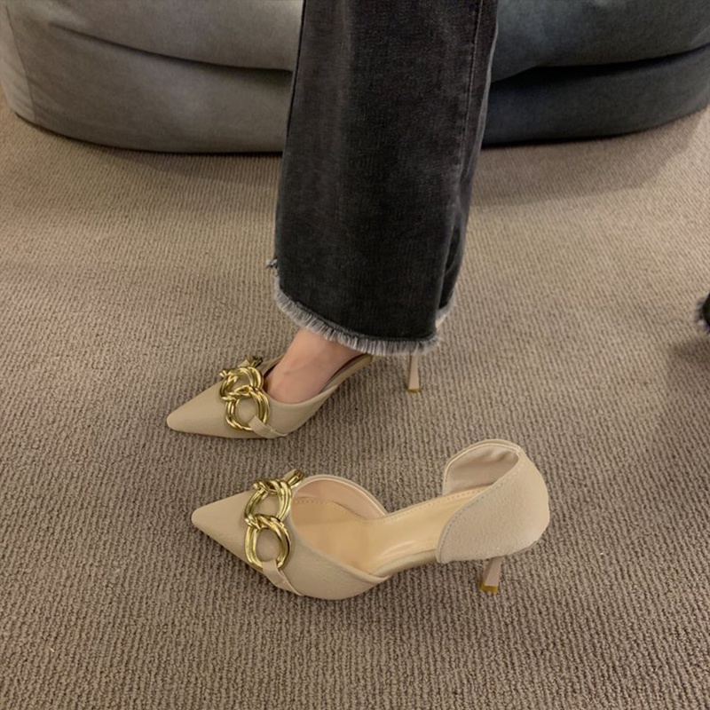 Hong Kong Premium shoes❥Giày Cao Gót Mũi Nhọn Phối Xích Kim Loại Thời Trang Hàn Quốc Dành Cho Nữ