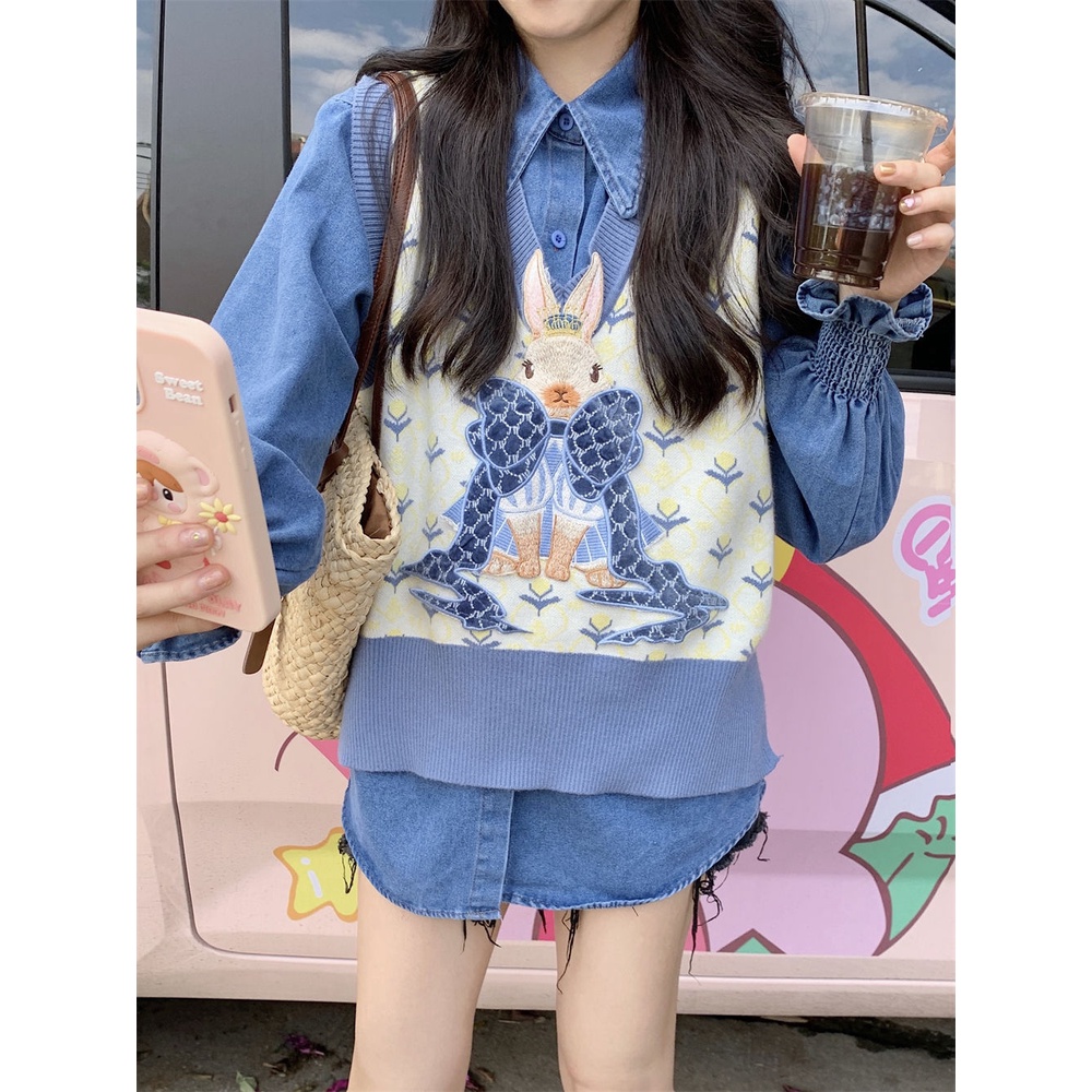 Hoạt Hình Áo Dệt Kim Sát Nách Cổ Chữ v In Hình Thỏ Dễ Thương Cho Nữ
