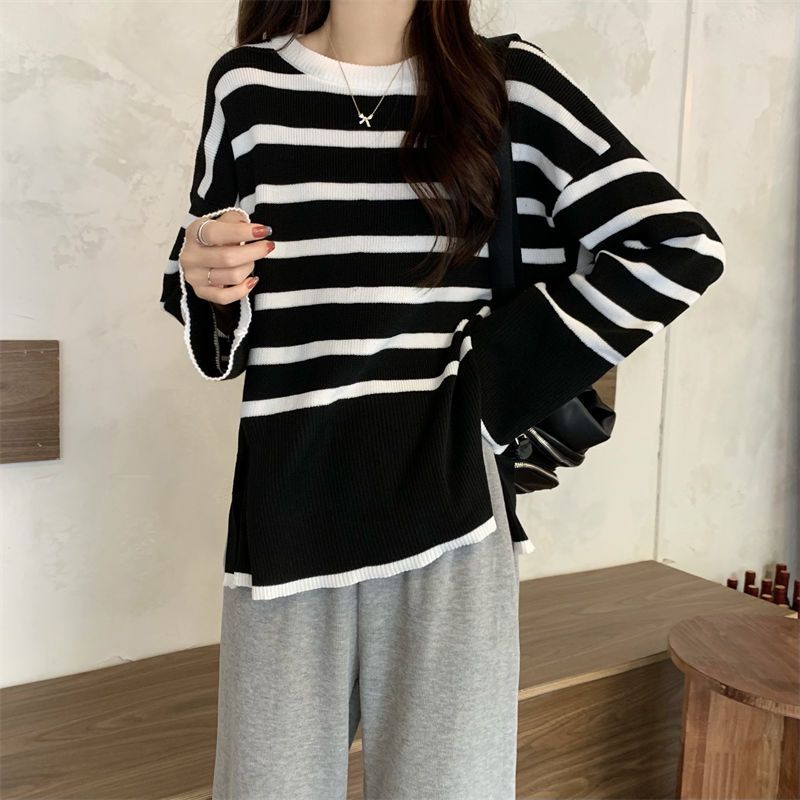 Áo Len Tay Dài Dáng Rộng Họa Tiết Kẻ Sọc Phong Cách Hàn Quốc Cổ Điển Thời Trang Xuân Thu Mới Cho Nữ