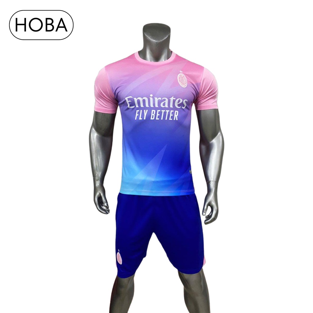 Bộ quần áo bóng đá đồ đá banh AC Milan hồng xanh thun lạnh cao cấp