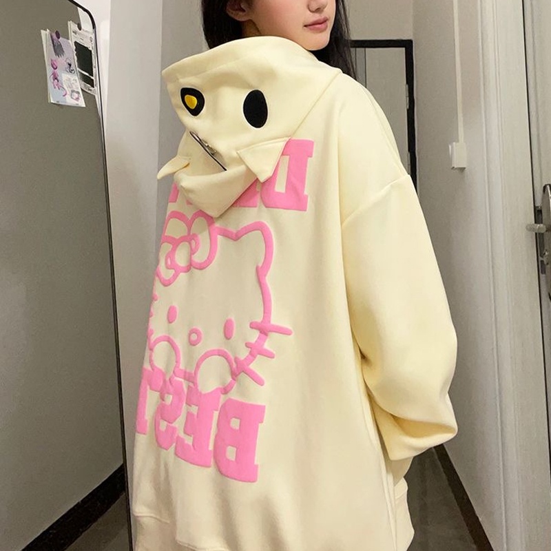 Zhu xia Áo Khoác sweatshirt Có Khóa Kéo Hai Màu Hình hello kitty Dễ Thương Cho Nữ