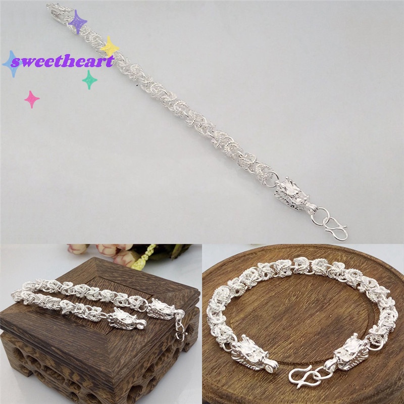 Vòng Tay Dây Xích Mạ Bạc Hình Rồng Thời Trang Dành Cho Nam