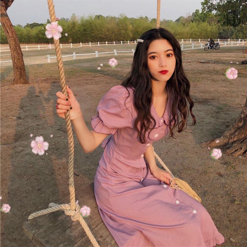 Thời Trang Đầm Tay Phồng Cổ Búp Bê Màu Trơn Ngọt Ngào Phong Cách Hàn Quốc
