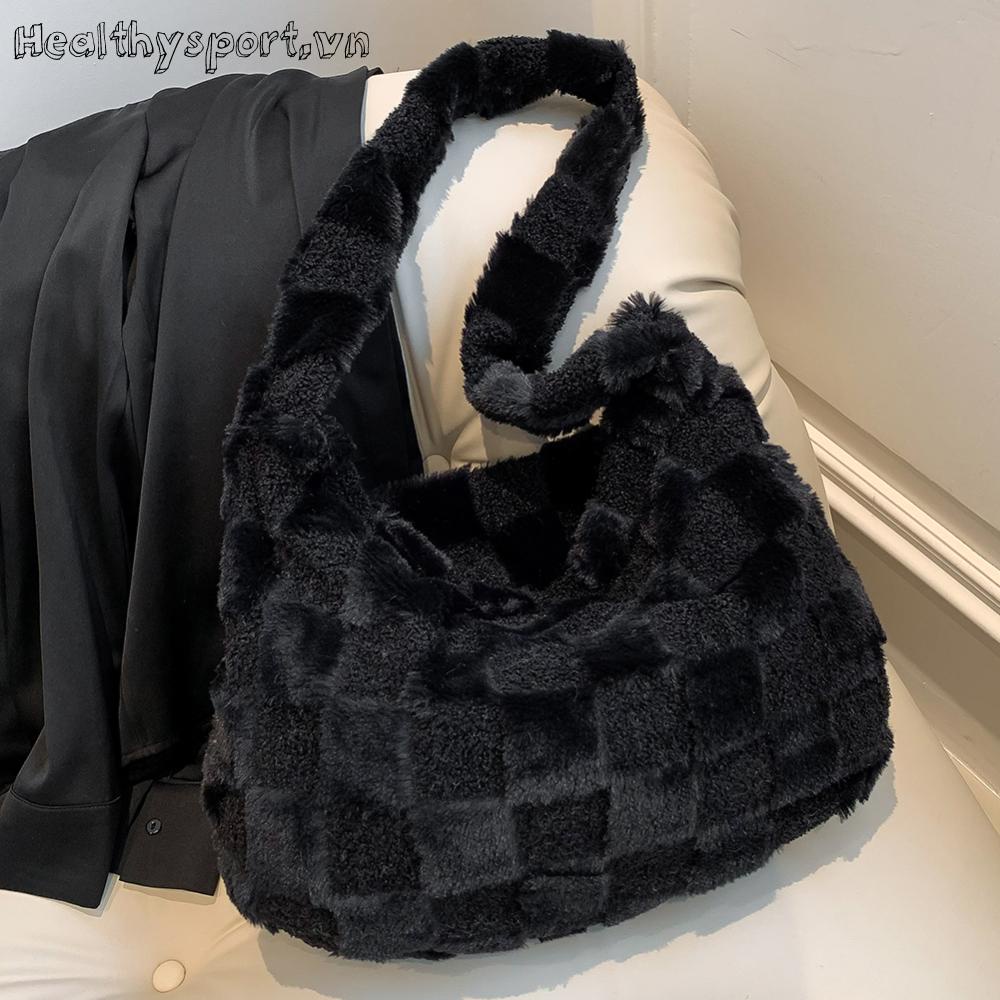 Túi Đeo Chéo Phủ Lông Họa Tiết Caro Thời Trang Thu Đông Cho Nữ