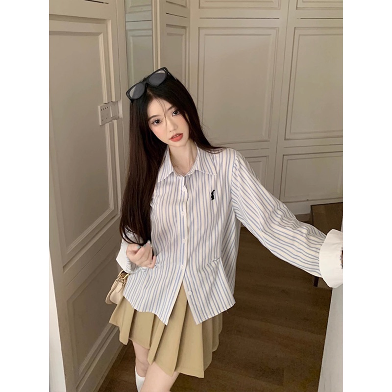 SUXI Áo Sơ Mi Tay Dài Kẻ Sọc Phong Cách vintage Dành Cho Nữ