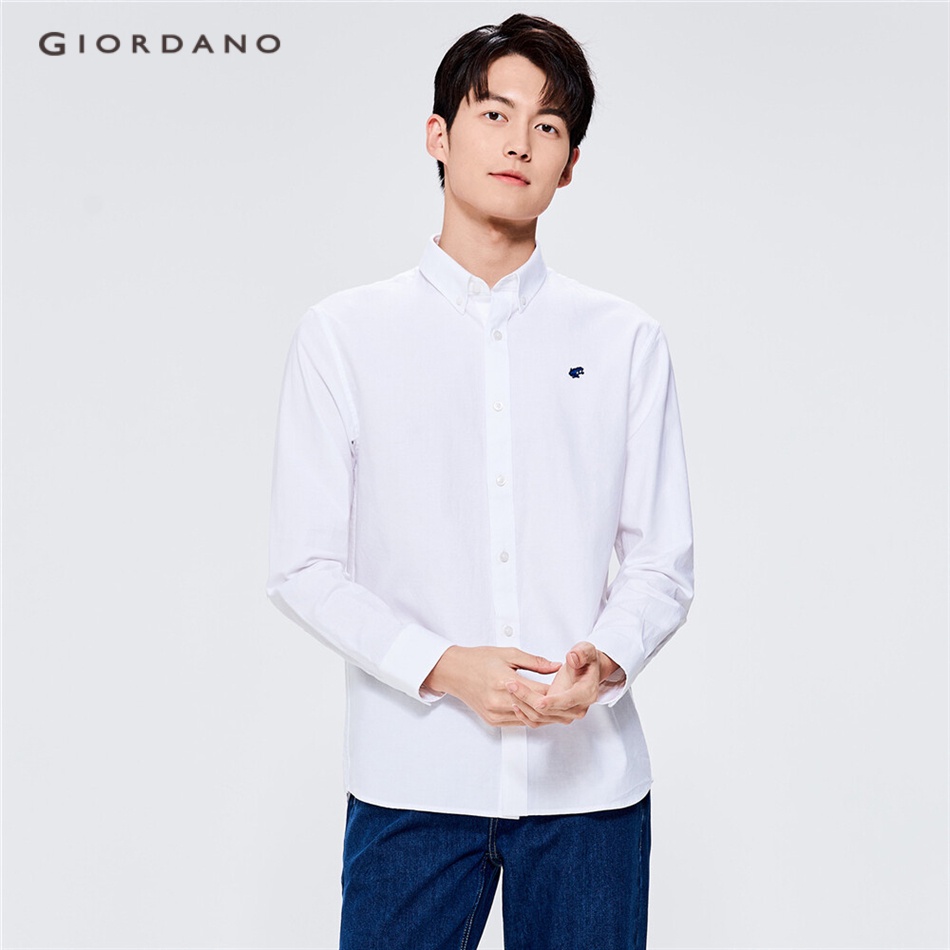 GIORDANO MEN Frog embroidered oxford slim long sleeve shirt 90042078