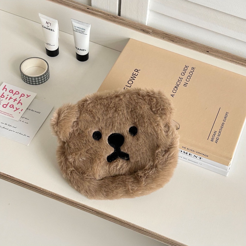 Túi Đựng Tiền Xu / Tai Nghe Bằng Lông Nhung Mềm Mại Thêu Họa Tiết Gấu Hoạt Hình Dễ Thương