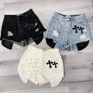 Quần đùi short jean nữ đính đá chữ thập túi lộ