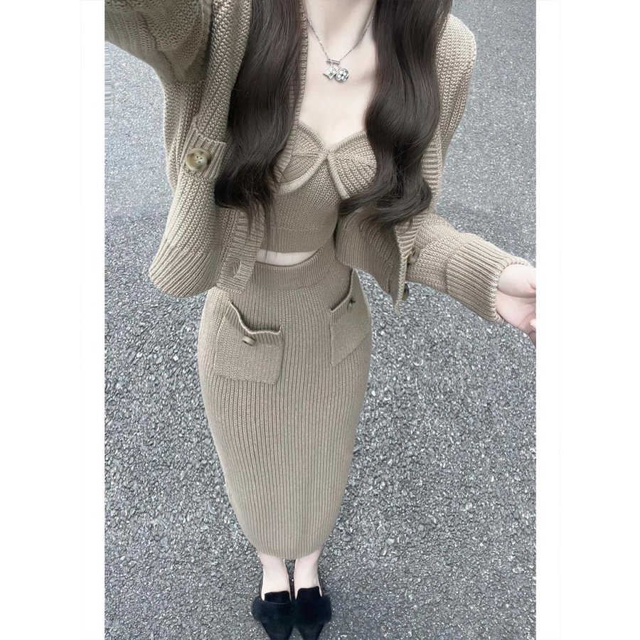 Bộ Áo cardigan Dệt Kim Ba Mảnh Dáng Ôm + Chân Váy Lửng Thời Trang Dành Cho Nữ