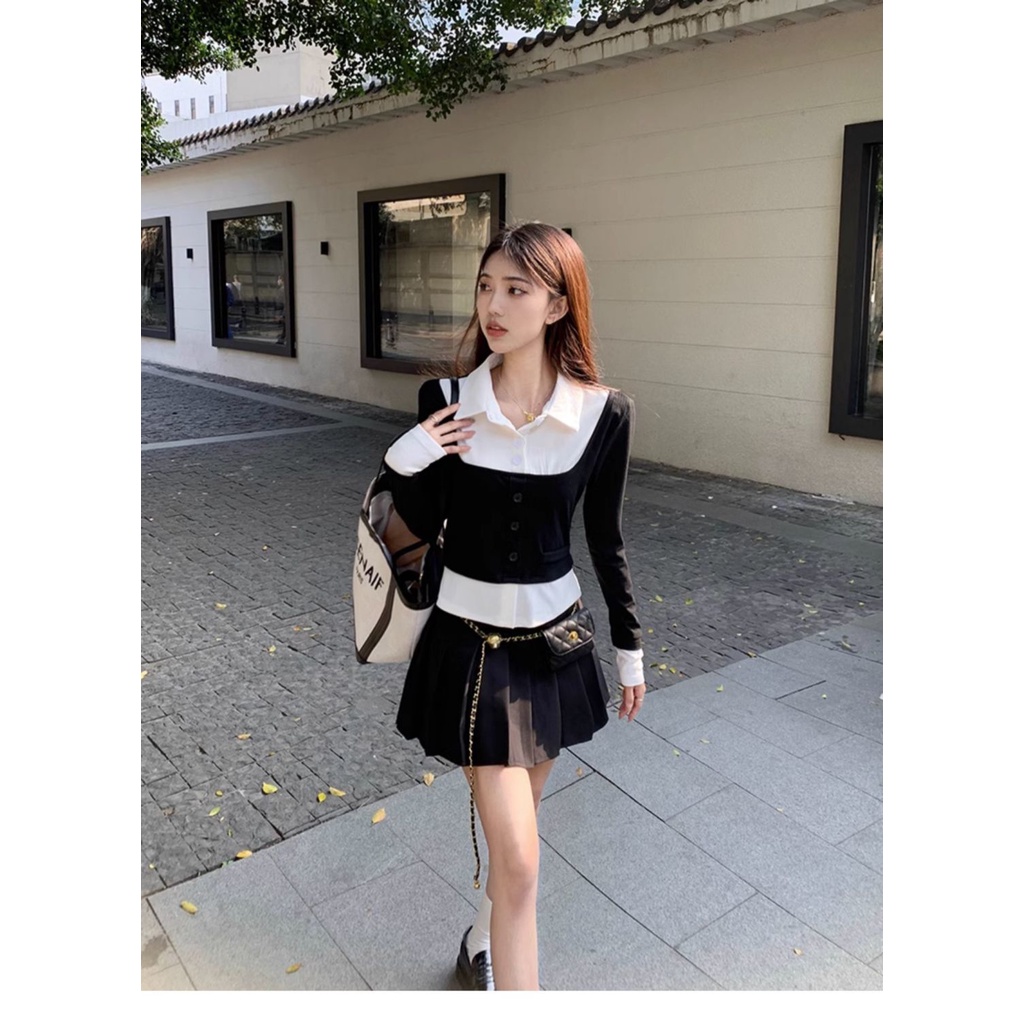 Áo Sơ Mi Ngắn Tay Dài Giả Hai Lớp Màu Sắc Tương Phản Phong Cách Pháp Thời Trang Xuân Thu Cho Nữ