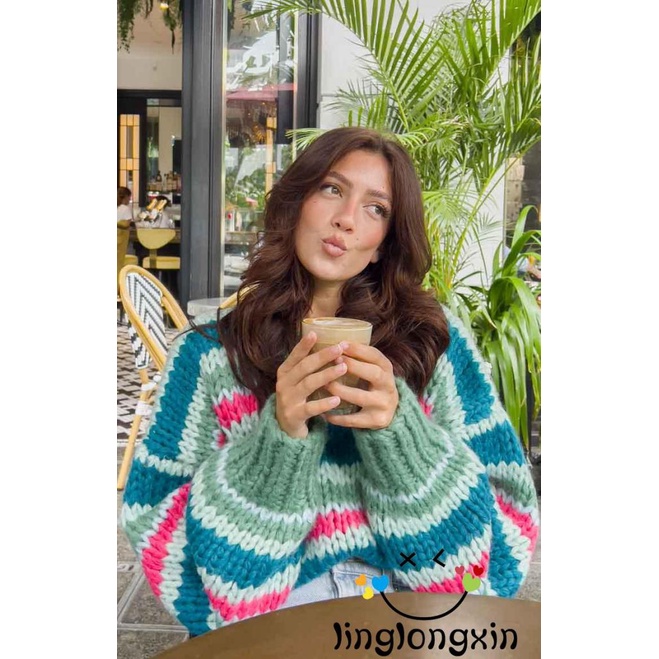 Áo sweater Tay Dài Cổ Tròn Dáng Rộng Phối Màu Cầu Vồng Phong Cách vintage linglongxi2