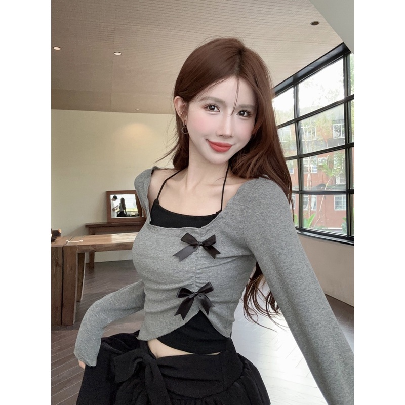 Set Áo Thun Tay Dài Phối Bèo Nhún + Quần Yếm Thời Trang Cho Nữ