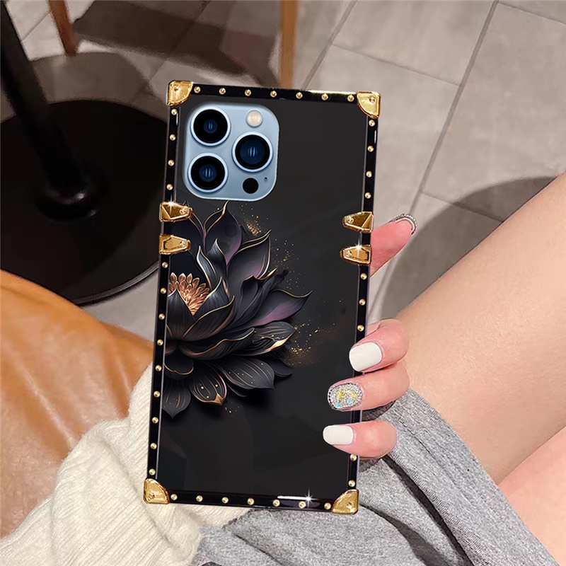 Ốp Điện Thoại tpu Chống Rơi Họa Tiết Hoa Sen Đen Sáng Tạo Cho iphone 15 14 13 12 11 pro max