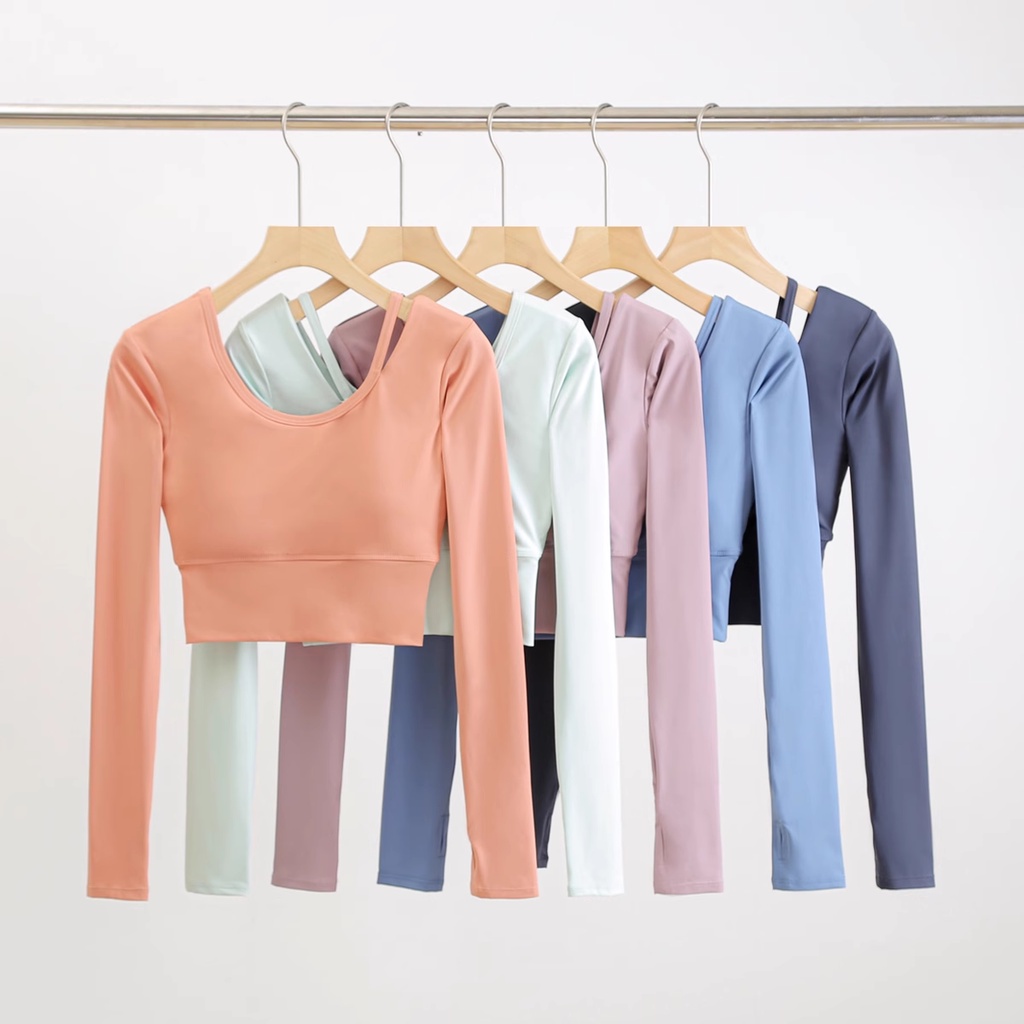 Áo Thun yoga Tay Dài Cổ Chữ u Hở Lưng Quyến Rũ Cho Nữ