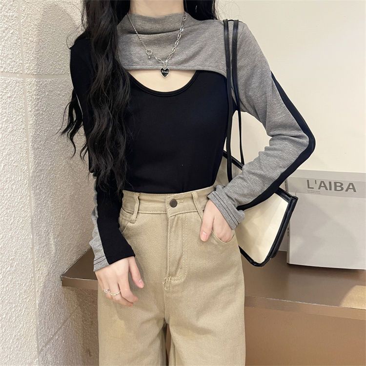 Áo Thun Tay Dài Cổ Lọ Màu Sắc Tương Phản Phong Cách retro Dành Cho Nữ