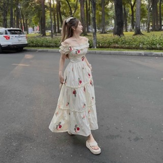 [005] ĐẦM TRỄ VAI HỌA TIẾT HOA NHÚN TẦNG DÁNG DÀI (ĐẦM CÓ MÚT NGỰC)