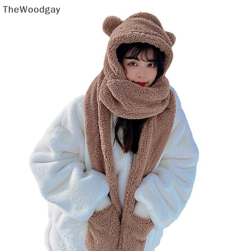 1 Mũ Khăn Choàng / Găng Tay / Mũ Tai Gấu 3 Trong 1 Bằng Vải Bông Giữ Ấm Mùa Đông Dành Cho Bạn Nữ