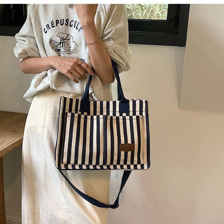 Túi tote Đeo Vai / Xách Tay Bằng Vải Bạt Kích Thước Lớn Họa Tiết Kẻ Sọc Thời Trang Mới 2023 Dành Cho Bạn Nữ