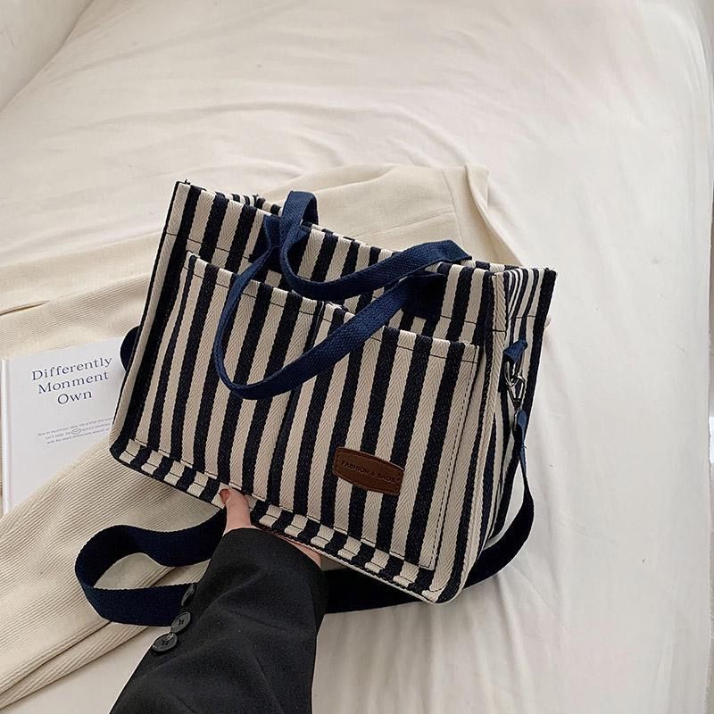 Túi tote Đeo Vai / Xách Tay Bằng Vải Bạt Kích Thước Lớn Họa Tiết Kẻ Sọc Thời Trang Mới 2023 Dành Cho Bạn Nữ
