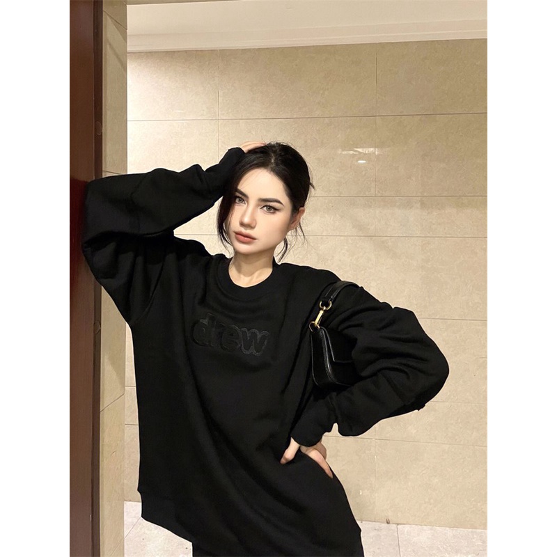 3JHW drew round neck sweater men's black embroidered letters loose American fashion brand spring and autumn niche design sense stitching top