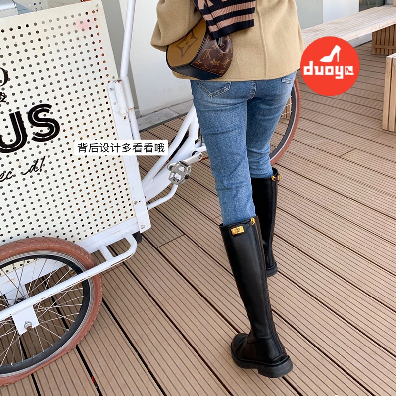 Duoya Tóc Thẳng ~  Giày Bốt Cao Đến Đầu Gối Dày Dặn Không Có Khóa Kéo Mùa Thu Đông Cho Nữ Miễn Phí Vận Chuyển