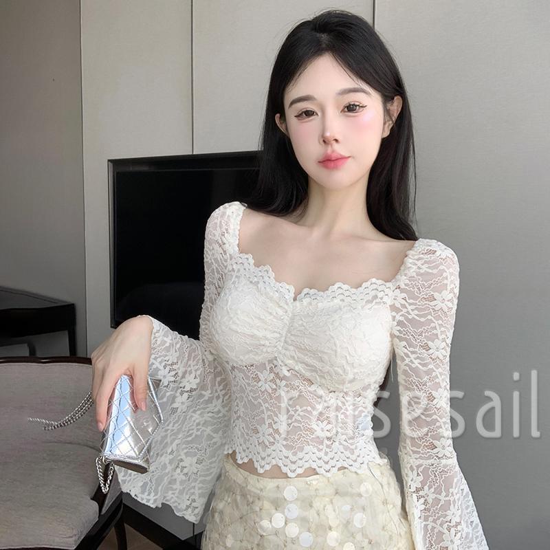 Rs Áo Croptop Ren Hoa Tay Dài Cổ Vuông Thời Trang Xuân Thu Cho Nữ