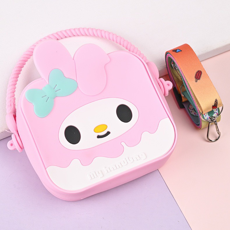 Túi xách silicon hình thỏ tai dài melody 2 trong 1 cầm tay đeo chéo thời trang đựng bao bì lì xì, mỹ phẩm