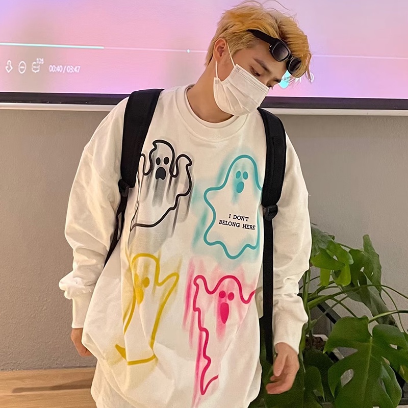 Áo Sweater Dáng Rộng In Hình Ma Dễ Thương Kiểu Đường Phố Mỹ Thời Trang Xuân Thu Cho Nam