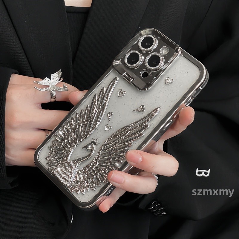 Sang Trọng Ốp Điện Thoại Dẻo Trong Suốt Mạ Điện Lấp Lánh Kèm Giá Đỡ Hình Chim Công Cho iphone 15 14 11 13 12 pro max