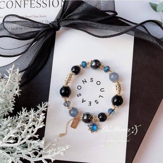 Vòng tay đá obsidian pha lê xanh tự nhiên thiết kế pha lê hình hoa đào hỗ trợ học tập