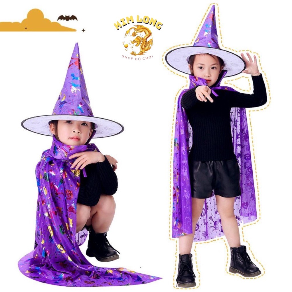 SAN Set Áo Choàng và nón phù thuỷ hoa văn 7 màu loại đẹp trang phục hoá trang cho trẻ em và người lớn lễ hội Halloween