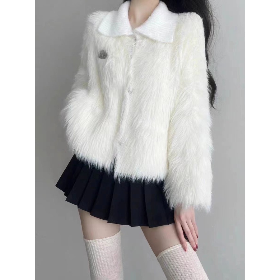 Áo Khoác cardigan Len Giả Lông Chồn Cao Cấp Dày Dặn Cổ polo Dáng Rộng myo7