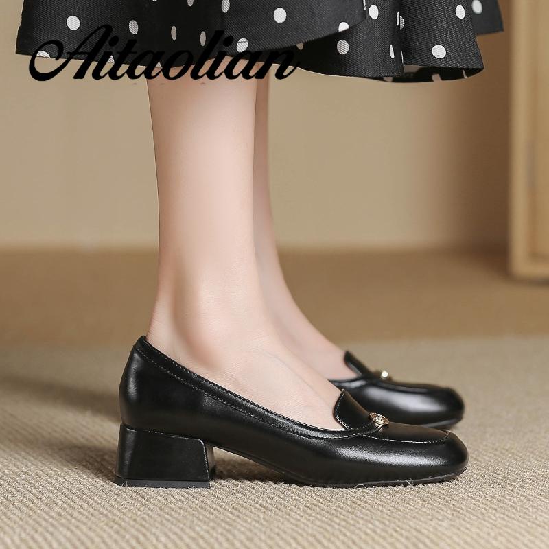 Giày Cao Gót 4cm Da Mềm Mũi Vuông Phong Cách Anh Quốc