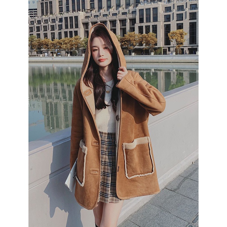 Áo Khoác Lông Cừu Một Mảnh Thiết Kế Dày Dặn Thời Trang Mùa Đông 2023 Phong Cách Mới Cho Nữ