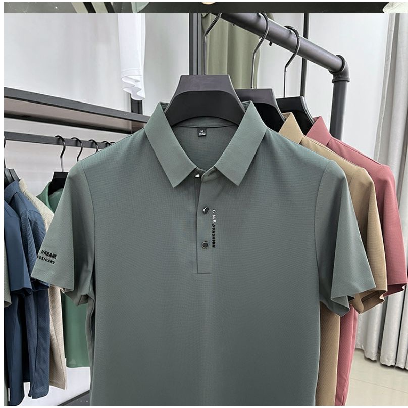 Áo Thun polo Ngắn Tay Vải Lụa Mát Phong Cách retro hong kong Cho Đàn Ông Trung Niên