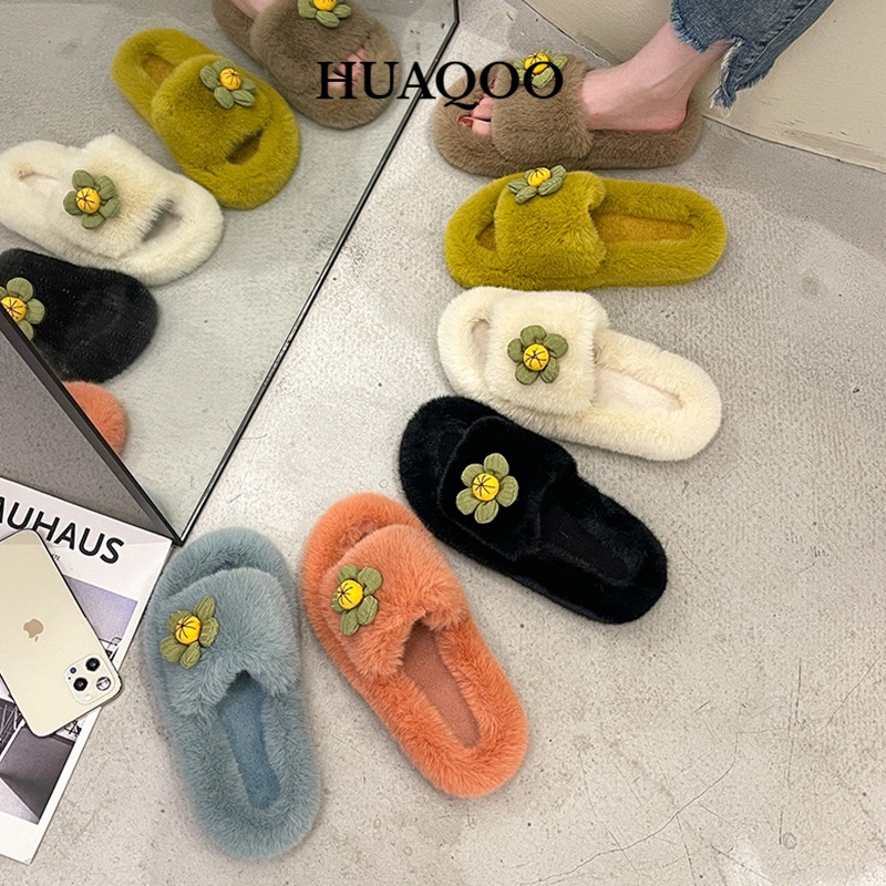 Huaqoo Dép lông nữ đế cao loại đẹp lông mềm mã mới năm 2023 FMR23A0UGG 43Z231025
