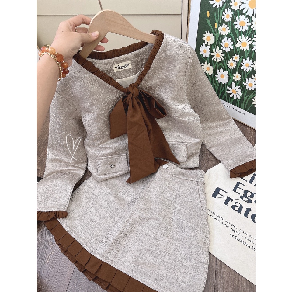 Set gấm phối nâu áo cột nơ +chân váy