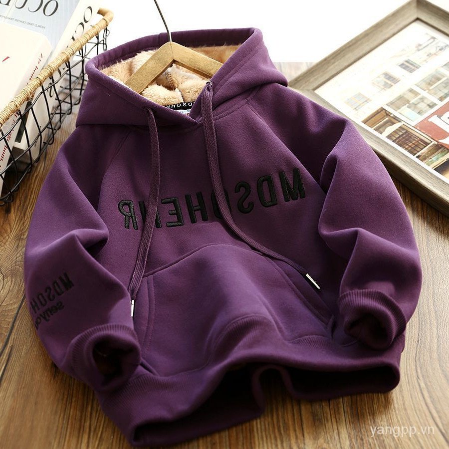 Áo sweatshirt Dày Có Mũ Trùm Lót Lông Cừu Phong Cách Đường Phố Cỡ Vừa Và Lớn Thời Trang Thu Đông Cho Bé Trai @