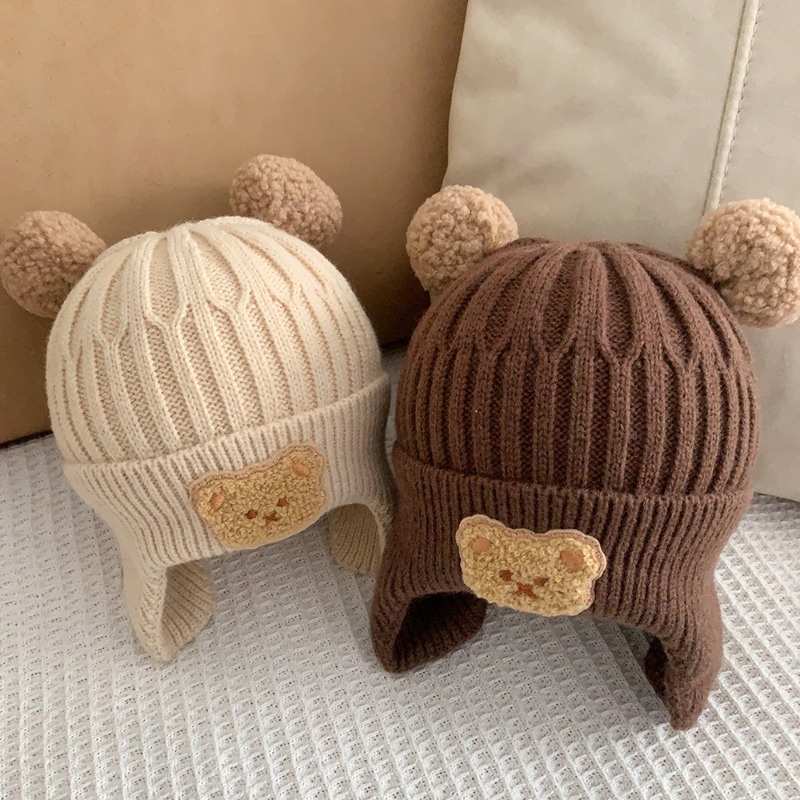 Mũ beanie Dệt Kim Giữ Ấm Tai Gấu Hoạt Hình Thời Trang Mùa Đông Hàn Quốc Cho Bé Trai Và Gái gorros