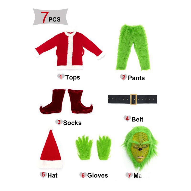 Grinch Bộ Đồ Hóa Trang Quái Vật Tóc Xanh Lá Cây cosplay Giáng Sinh cos mask Thef