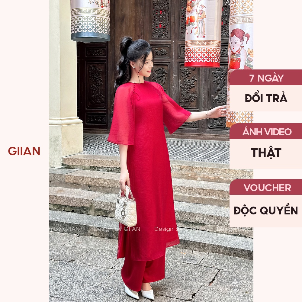 Áo dài tết đỏ 2024 nữ cách tân thiết kế Giian dáng suông 4 tà cổ tròn tay loe đính nơ chất liệu tơ óng cao cấp - AD0553